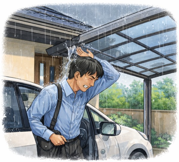 カーポートに隙間　車からから降りると雨に濡れる